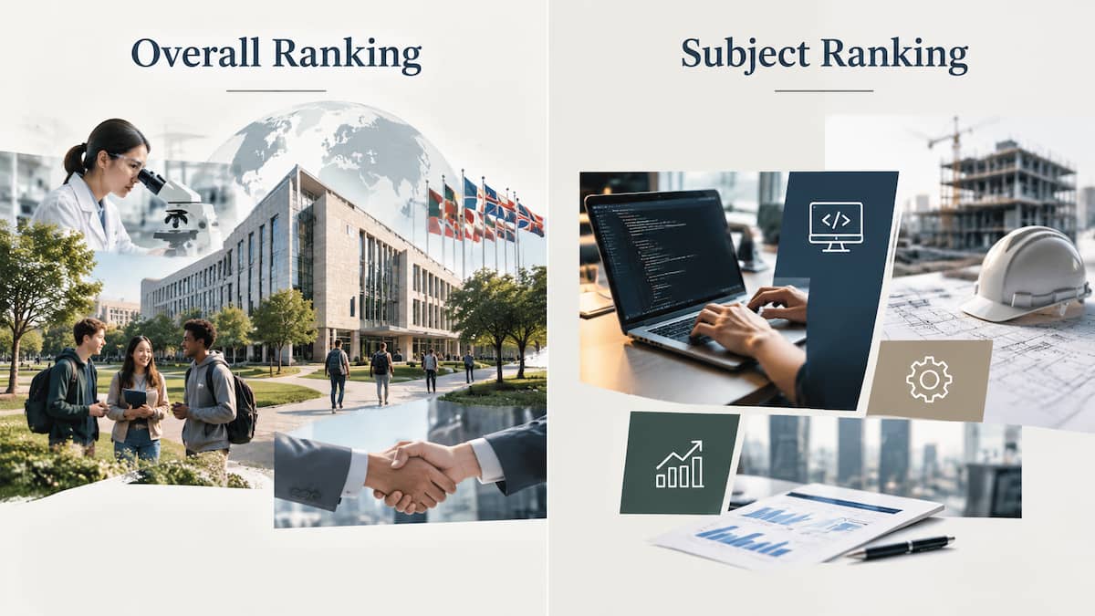 Visual comparison of overall university rankings and subject rankings