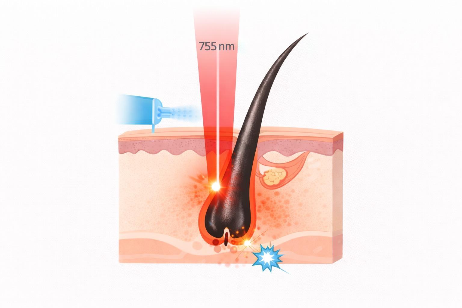 醫學級激光脫毛科學原理：特定波長（如 755nm 或 二極管激光）穿透表皮，精準被毛囊黑色素吸收並轉化為熱能，無痛且有效破壞毛囊再生能力。